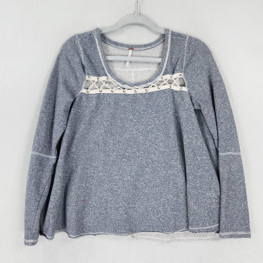 Free People Shirt Womens Small Blue Striped Lacey Love Knit Babydoll Pullover